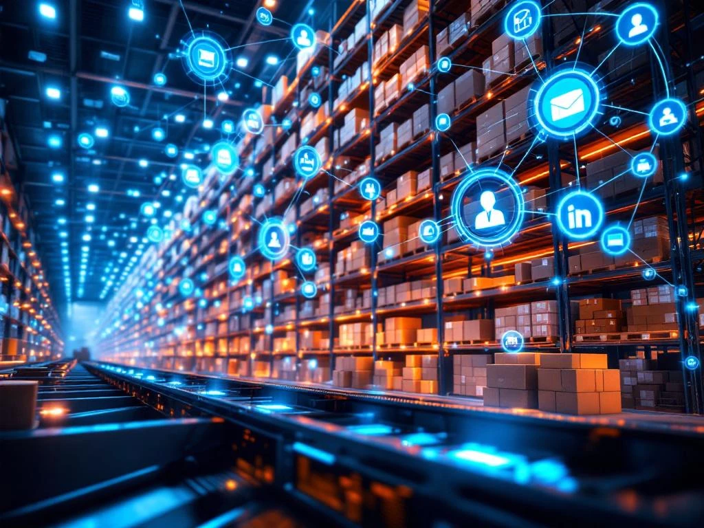 Moderne 3PL-magazijn met geautomatiseerde transportsystemen, robotica en holografische displays van e-commerce integraties