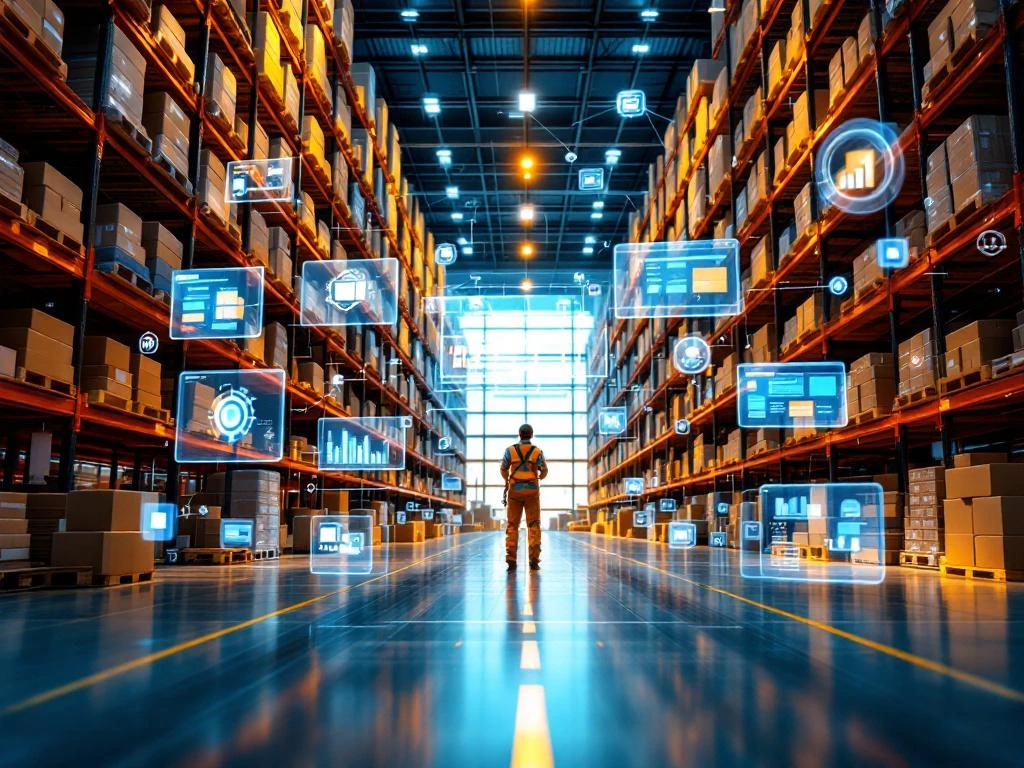 Modern automated warehouse with robotic systems, conveyor belts, and digital logistics dashboards displaying real-time data