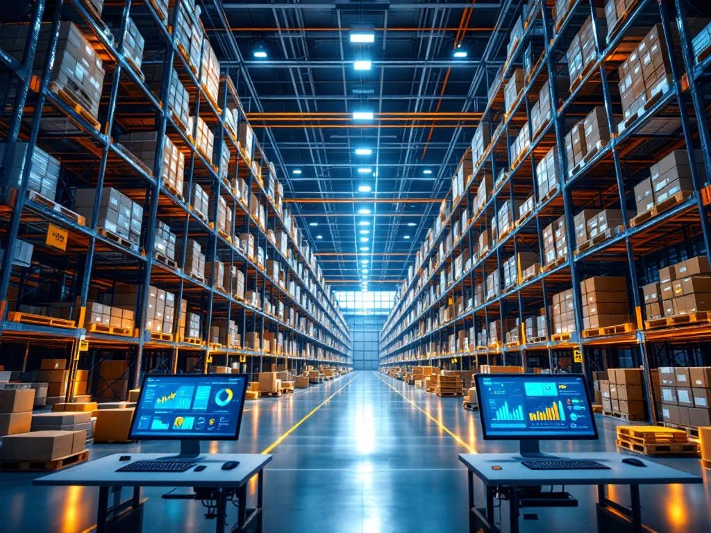 Modern automated warehouse with robotic storage systems, computer workstations displaying inventory data, and conveyor belts.