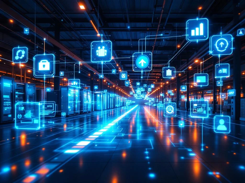 Moderne magazijninterieur met gloeiende digitale datastromen die ERP-systemen en geautomatiseerde opslagsystemen verbinden