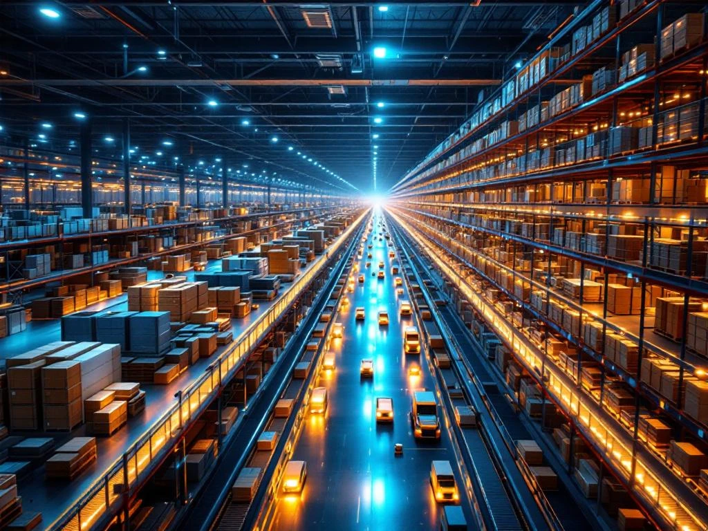 Luchtfoto van geautomatiseerd magazijn met robotsystemen en transportbanden die groeit van klein naar groot distributiecentrum