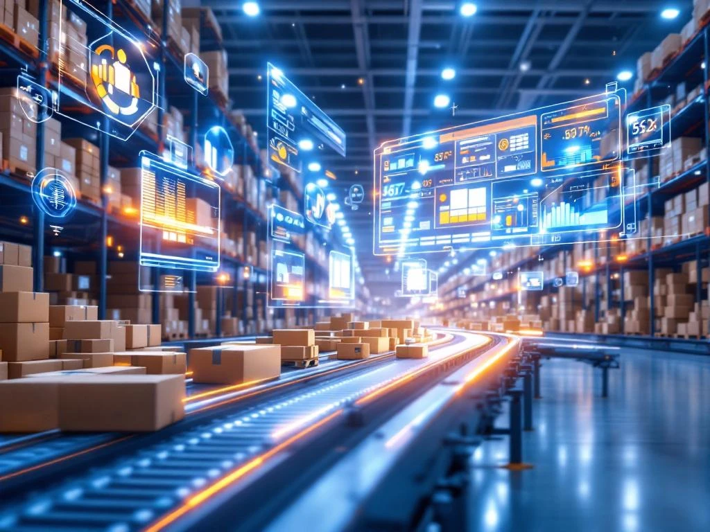 Moderne geautomatiseerde magazijn met robotica, transportbanden vol pakketten en holografische voorraaddisplays