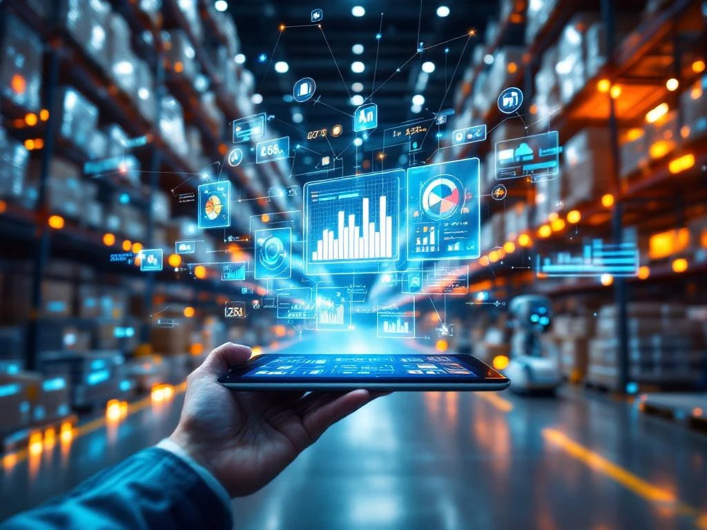 Moderne magazijnhal met geautomatiseerde systemen, robotica en digitale dashboards op tablet met holografische data-overlays
