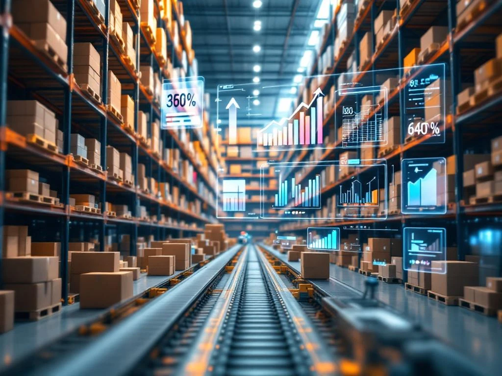 Geautomatiseerd magazijn met robotsystemen, transportbanden en holografisch dashboard met voorraadgegevens en groeigrafieken