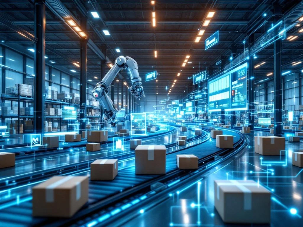 Moderne geautomatiseerde magazijn met robotarmen, transportbanden en holografische displays voor 3PL logistiek operaties