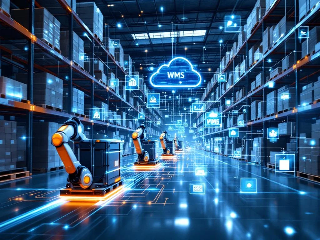 Moderne magazijninterieur met geautomatiseerde robotsystemen, holografische interfaces en cloud-geïntegreerde WMS-zones