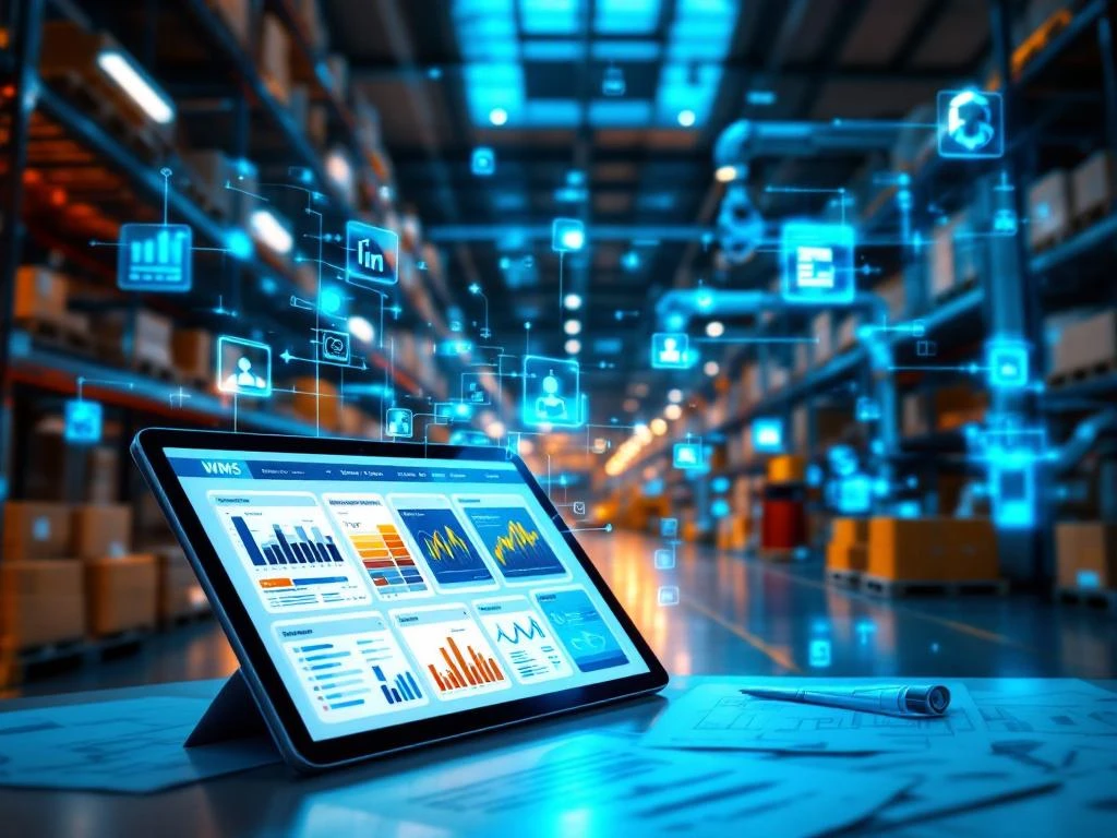 Moderne geautomatiseerde magazijn met robotapparatuur, holografische datastromen en WMS-dashboard op tablet voor logistiek
