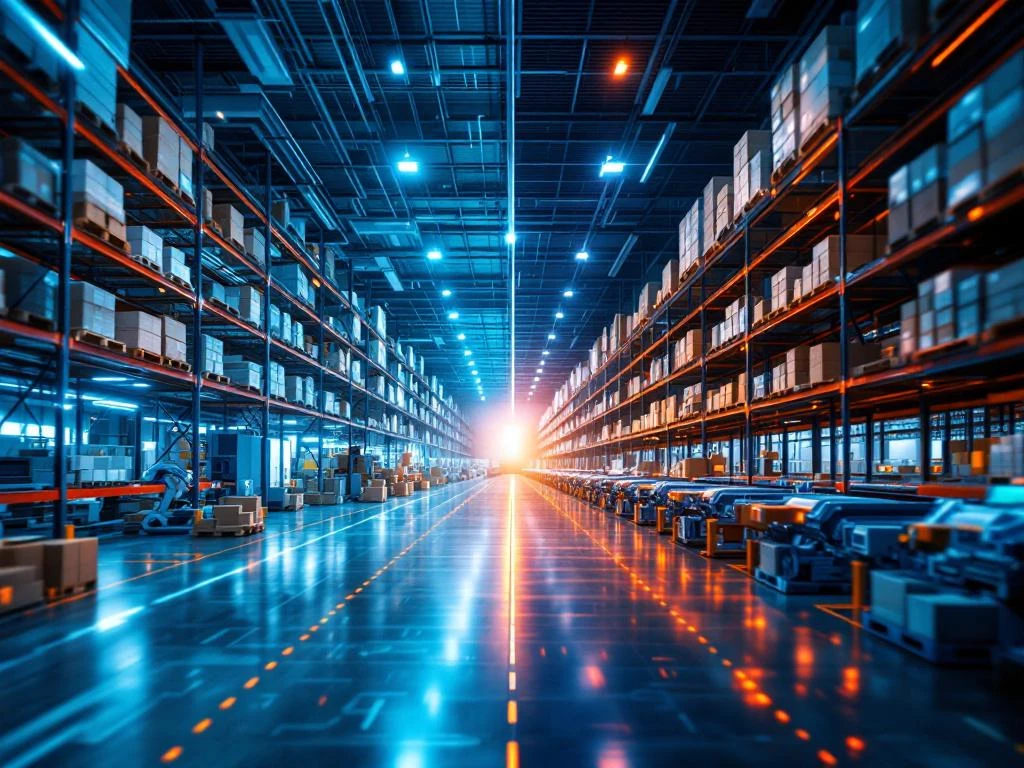 Split-screen magazijn toont moderne e-commerce operaties links versus complexe enterprise robotica rechts met data-overlay