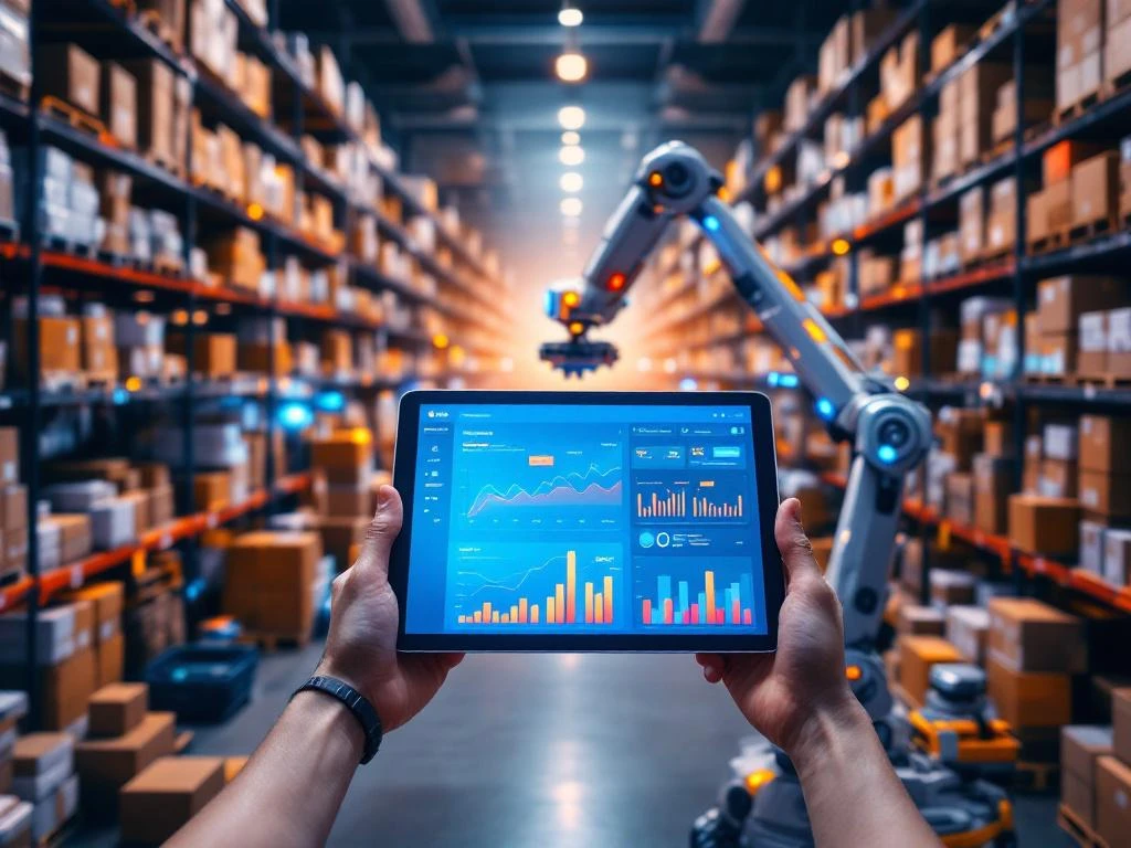 Moderne magazijnruimte met tablet die voorraadbeheerdashboard toont, georganiseerde schappen vol e-commerce pakketten