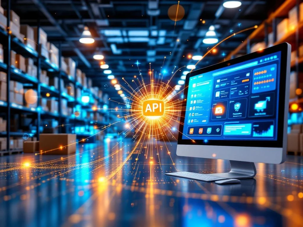 Moderne magazijn met geautomatiseerde systemen verbonden via gouden datalijnen met e-commerce interface op computerscherm