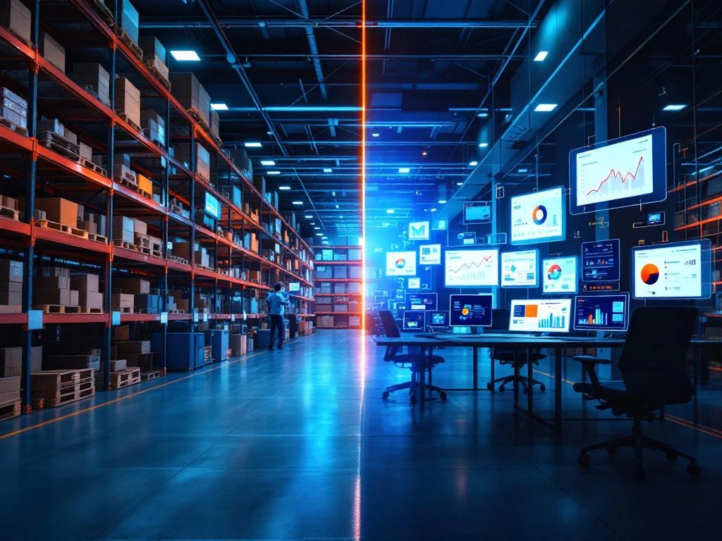 Magazijn met traditionele stellingen en barcodescanners links, moderne kantoorruimte met computerschermen rechts