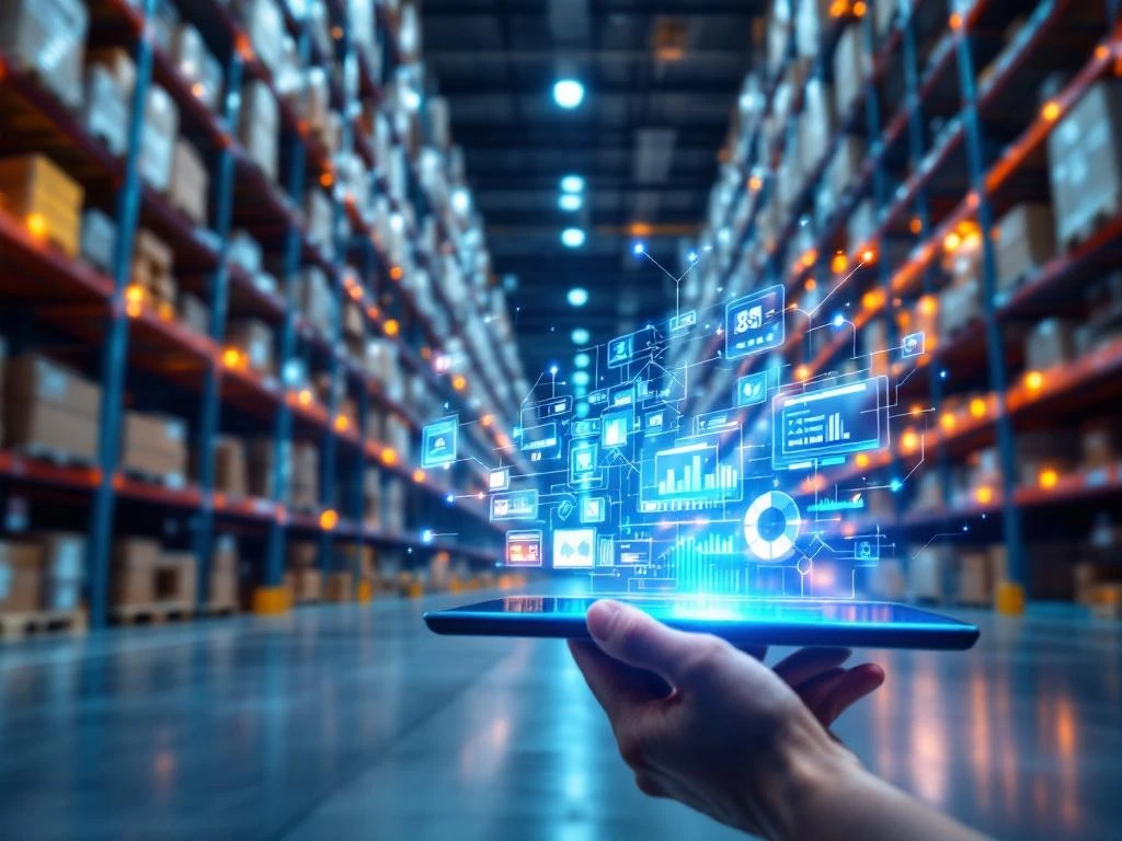 Moderne magazijnruimte met hoge metalen stellingen en tablet met warehouse management dashboard en digitale overlays