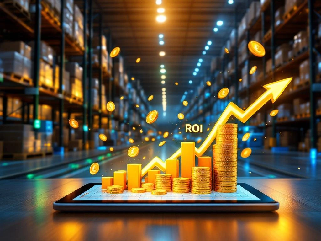 Digitale tablet toont ROI-grafieken met gouden munten in modern magazijn met geautomatiseerde systemen en voorraadrekken