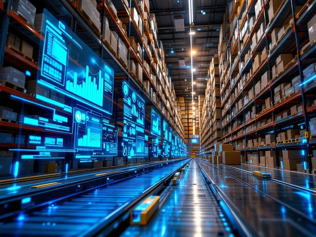 Moderne magazijninterior met geautomatiseerde transportbanden, digitale holografische controlesystemen en hoge stellingen vol pakketten