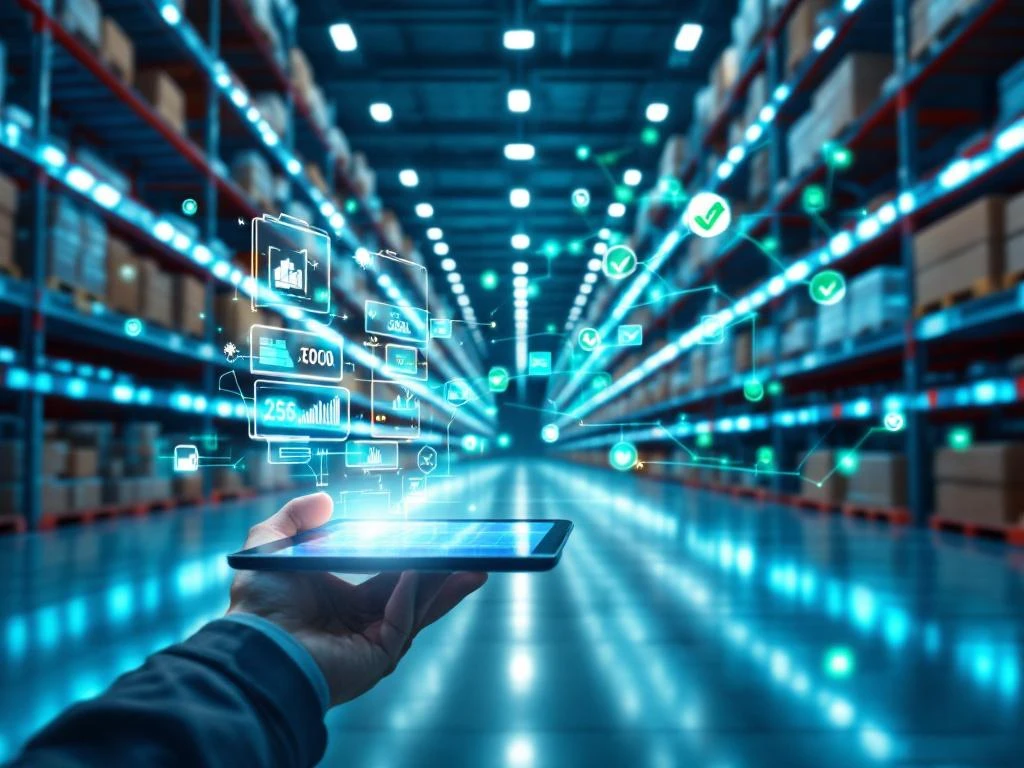 Moderne magazijninterieur met digitale tablet die voorraaddashboard toont, geautomatiseerde tracking en LED-verlichting