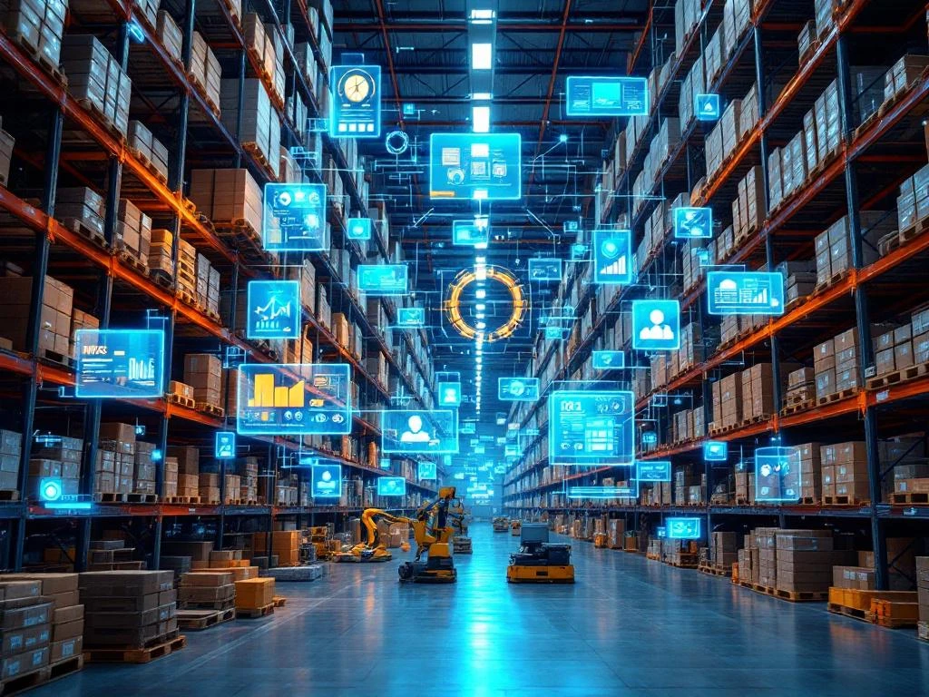 Moderne magazijnruimte met hoge stellingen, digitale schermen en holografische WMS-interfaces, geautomatiseerde transportsystemen