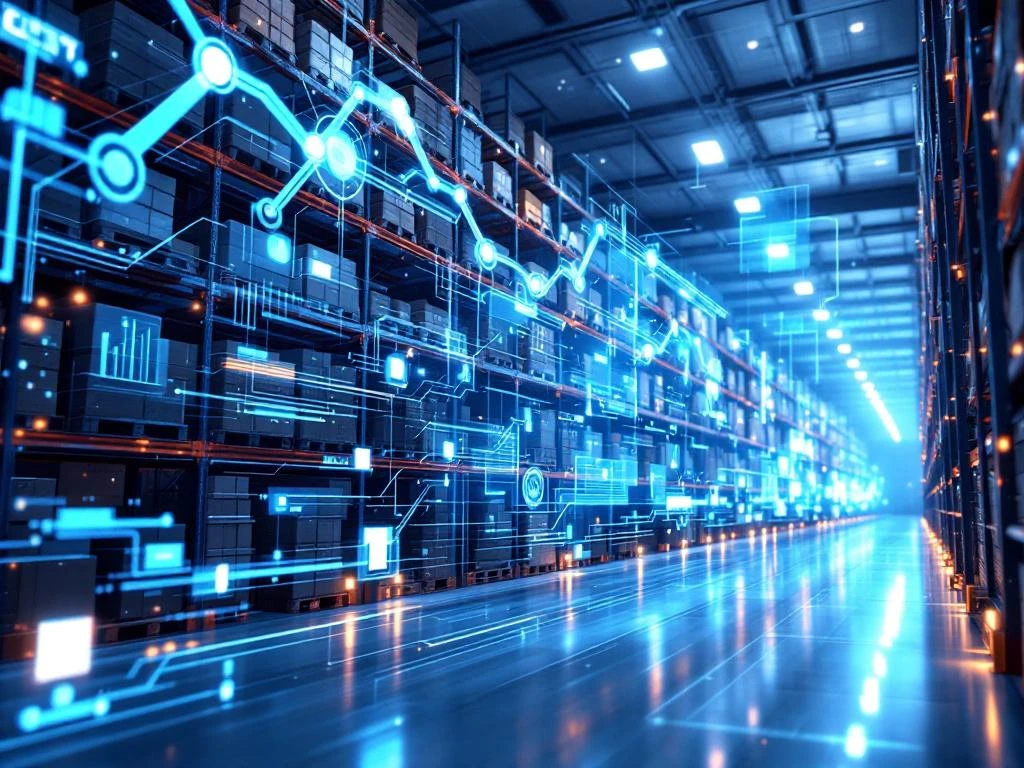 Modern magazijn met georganiseerde voorraadrekken en holografische data-interface voor slimme logistiek