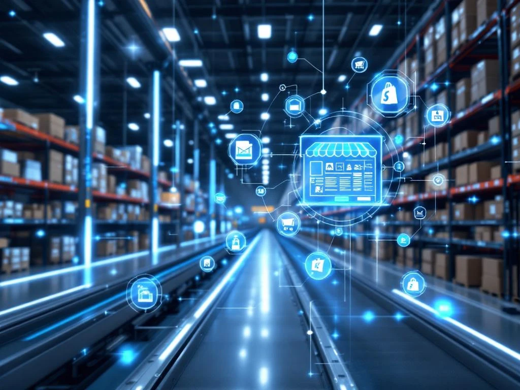 Modern warehouse with automated conveyor systems connected to holographic Shopify interface via glowing blue data streams