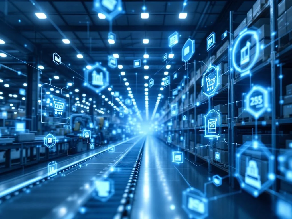 Modern automated warehouse with robotic systems connected by blue digital streams to holographic e-commerce interface elements