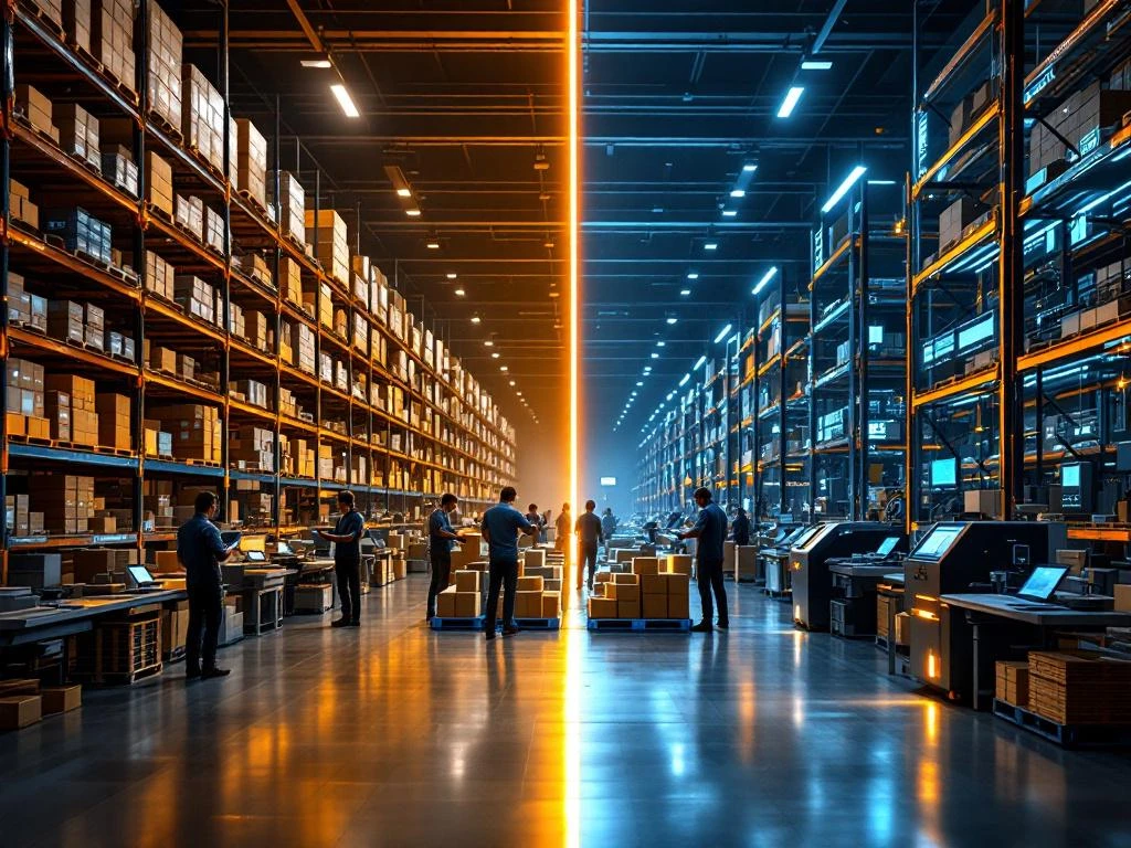 Modern warehouse split-screen showing manual workers on left versus automated robotic systems on right with conveyor belts