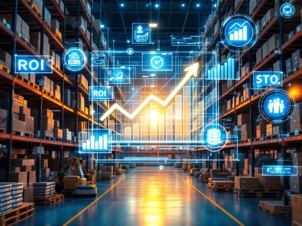 Modern automated warehouse with digital ROI dashboard displaying profit charts and growth metrics above robotic systems