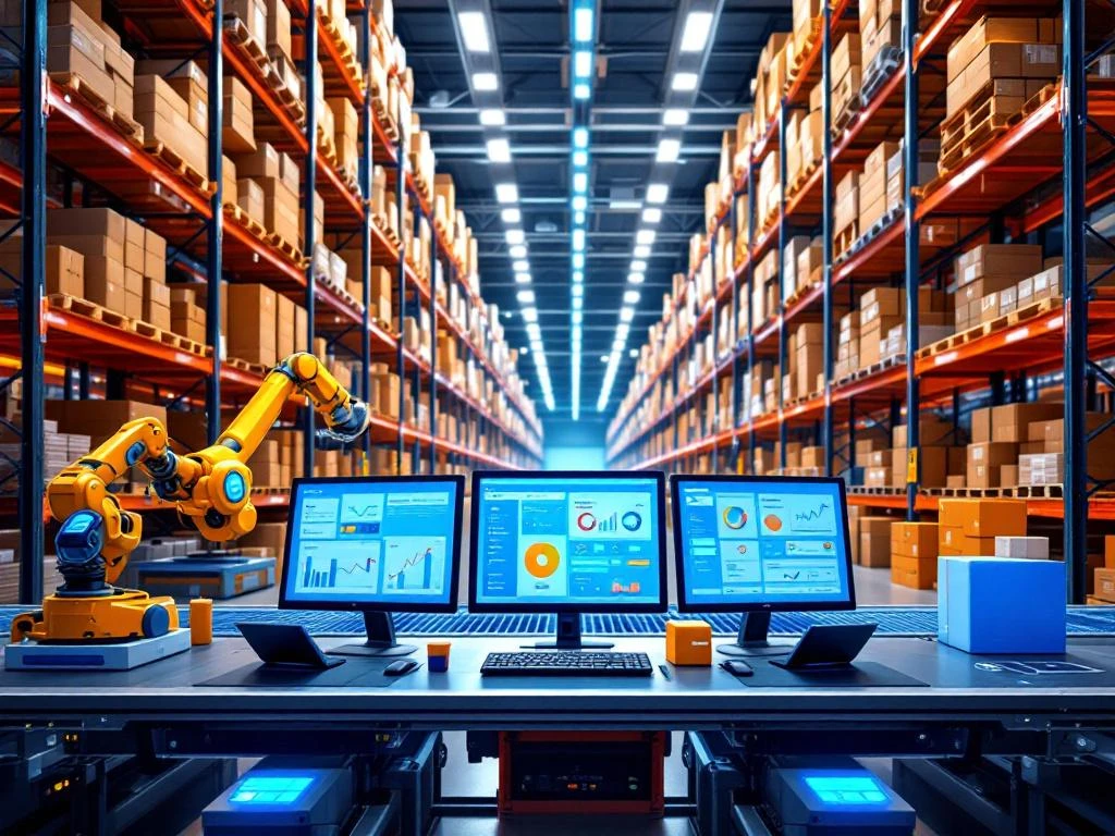 Modern automated warehouse with tall shelves, LED lighting, computer workstations showing analytics, and robotic systems.
