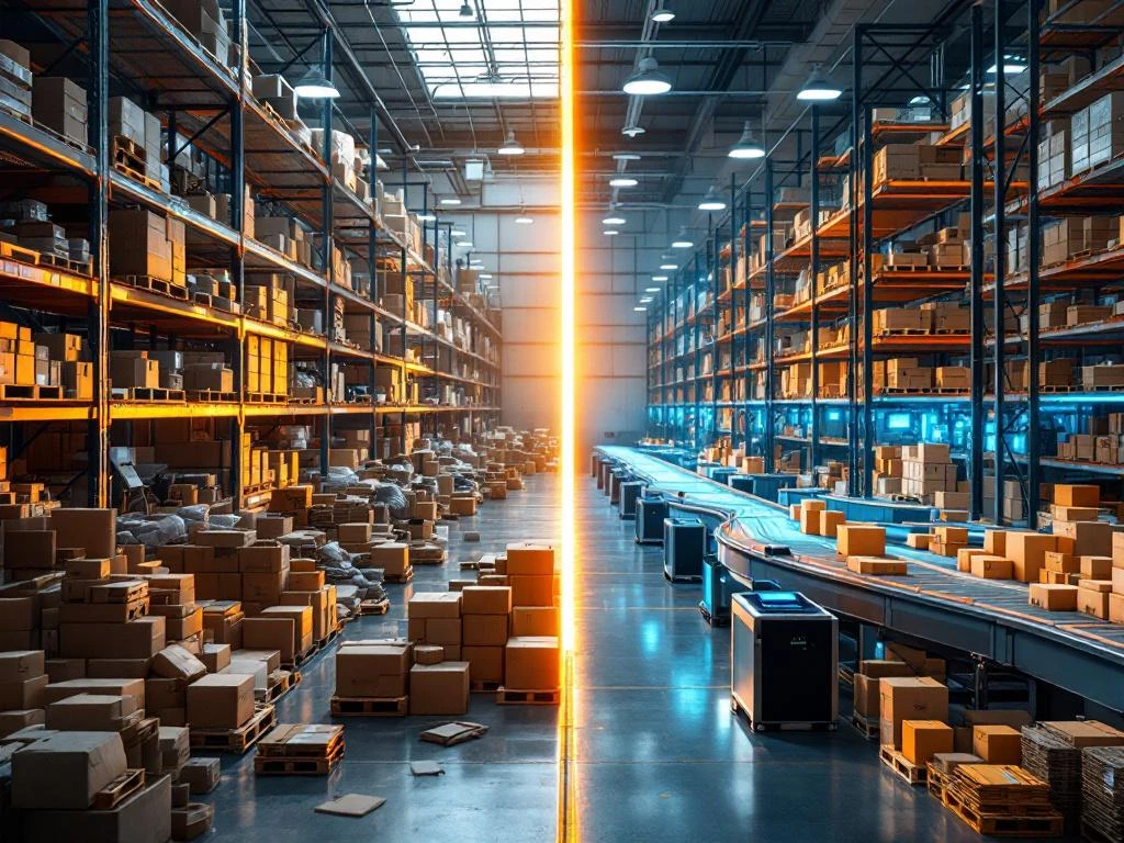 Warehouse interior split showing cluttered manual processes on left versus organized automated systems with conveyor belts on right.