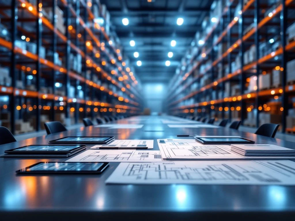 Modern warehouse interior with conference table displaying digital tablets, blueprints, and planning documents, industrial shelving in background with blue and orange lighting