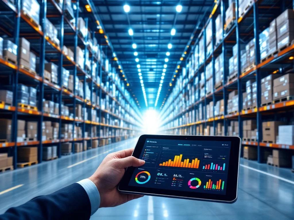 Modern warehouse with organized storage racks and tablet displaying real-time inventory analytics dashboard