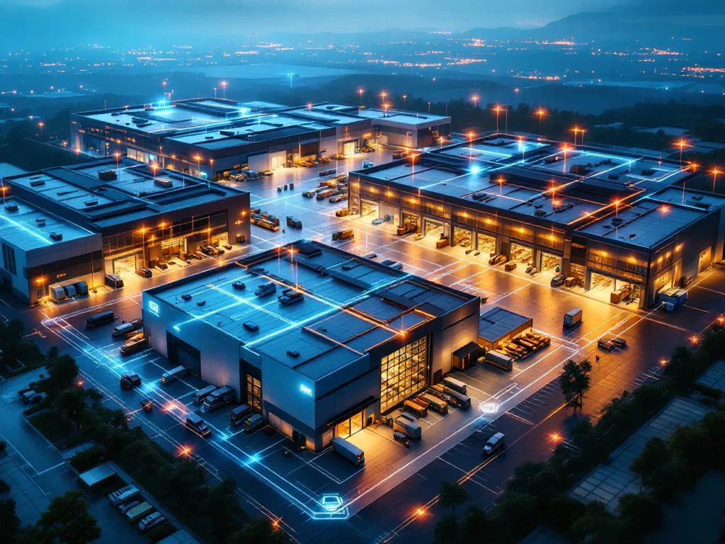 Aerial view of interconnected modern warehouses with glowing digital network lines showing centralized management connectivity