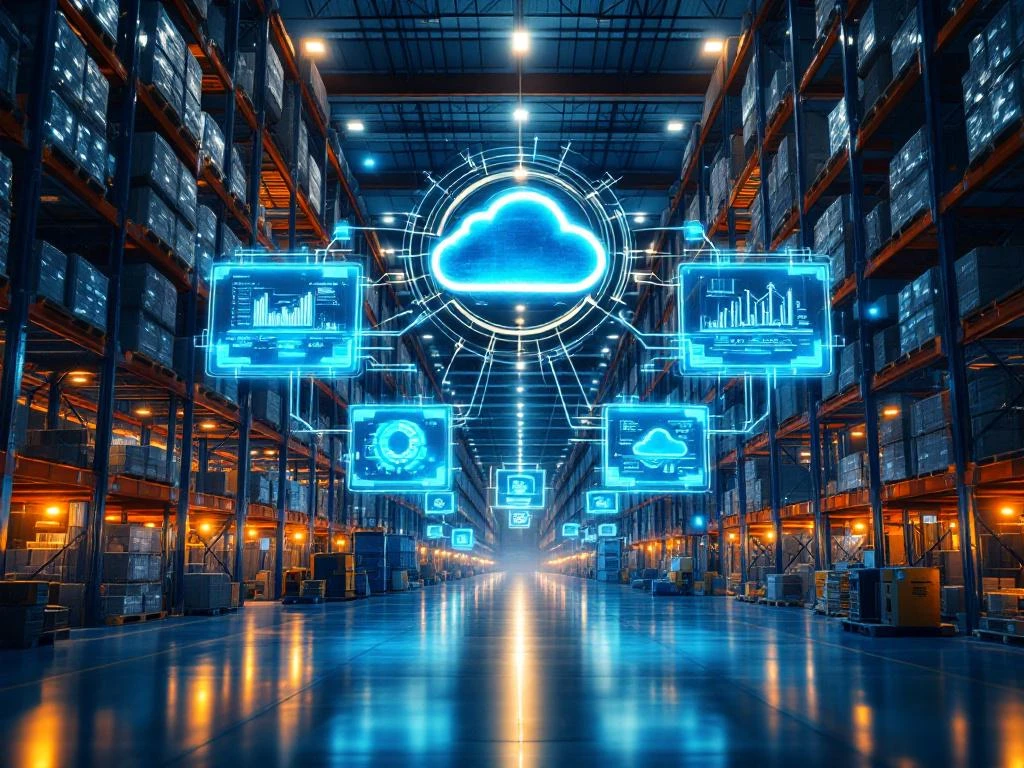 Modern automated warehouse with robotic systems, holographic Azure cloud interfaces, and central control dashboard