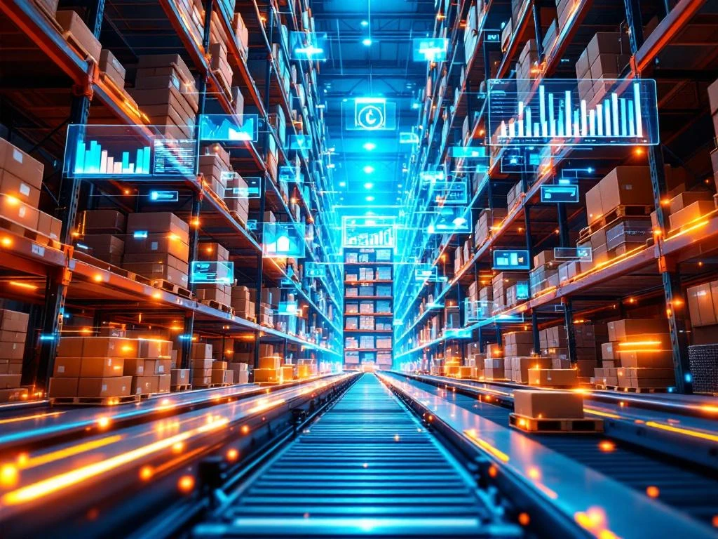 Modern warehouse with towering shelves of e-commerce packages, digital inventory management workstation, and automated systems