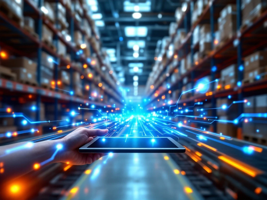 Modern magazijn met API-integratietechnologie, tablet met datastromen, geautomatiseerde transportbanden en robotarmen