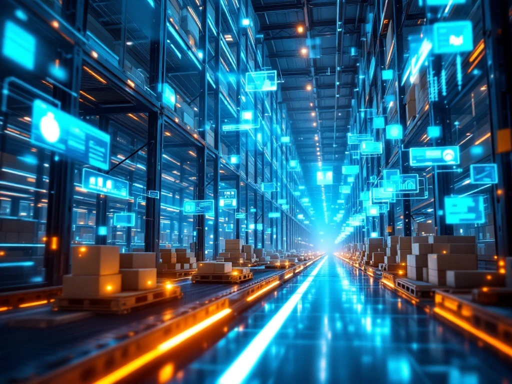 Automated warehouse with robotic arms moving packages on illuminated conveyor belts, holographic displays, and AGV robots.
