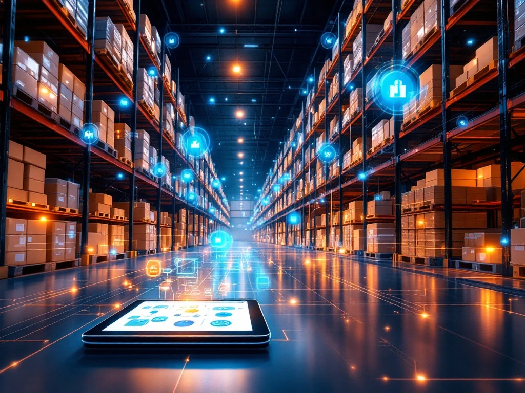 Geautomatiseerd magazijn met robotarmen, transportbanden en holografische datastromen die digitale logistiek integratie tonen