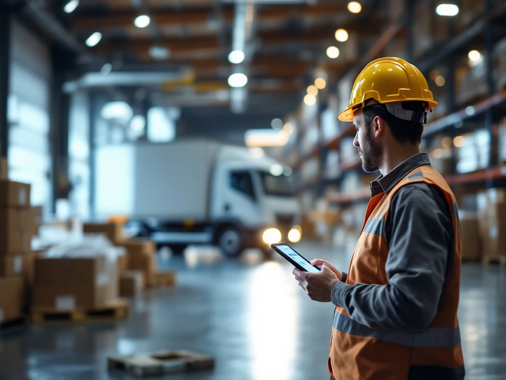 Magazijnmedewerker controleert pallets met tablet bij laaddock, vrachtwagen geparkeerd, e-commerce fulfillment proces