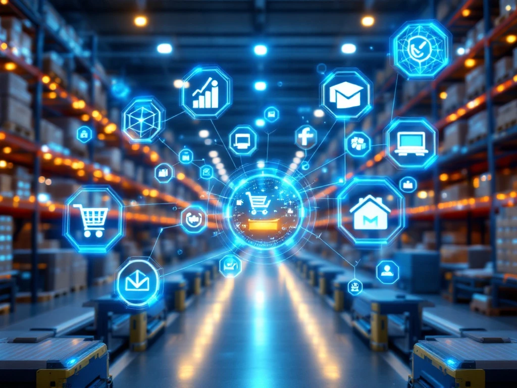 Magazijn met holografische e-commerce interfaces verbonden door blauwe datastromen aan geautomatiseerde stellingen