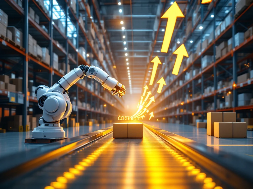 Geautomatiseerd magazijn met robotarm die pakketten verplaatst langs transportbanden, toont efficiëntie en kostenbesparing