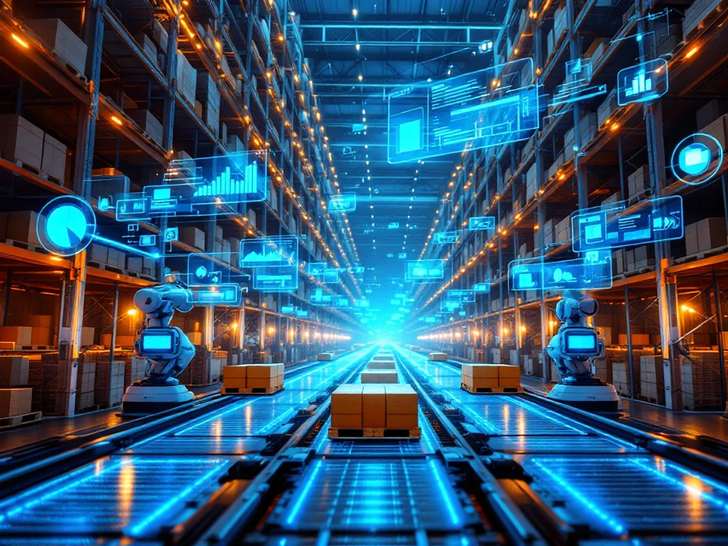 Futuristisch geautomatiseerd magazijn met robotarmen, holografische displays en AI-gestuurde logistieke systemen in blauw-oranje verlichting.