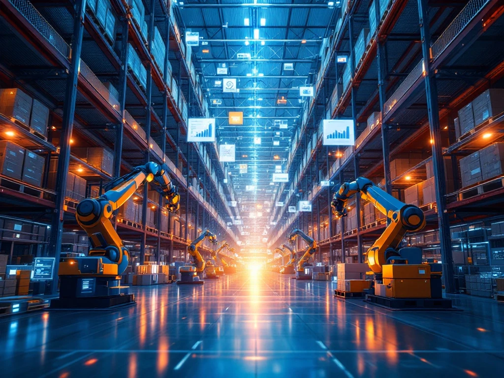 Geautomatiseerd magazijn met meerlaagse opslagsystemen, robotarmen en transportbanden in blauw-oranje verlichting