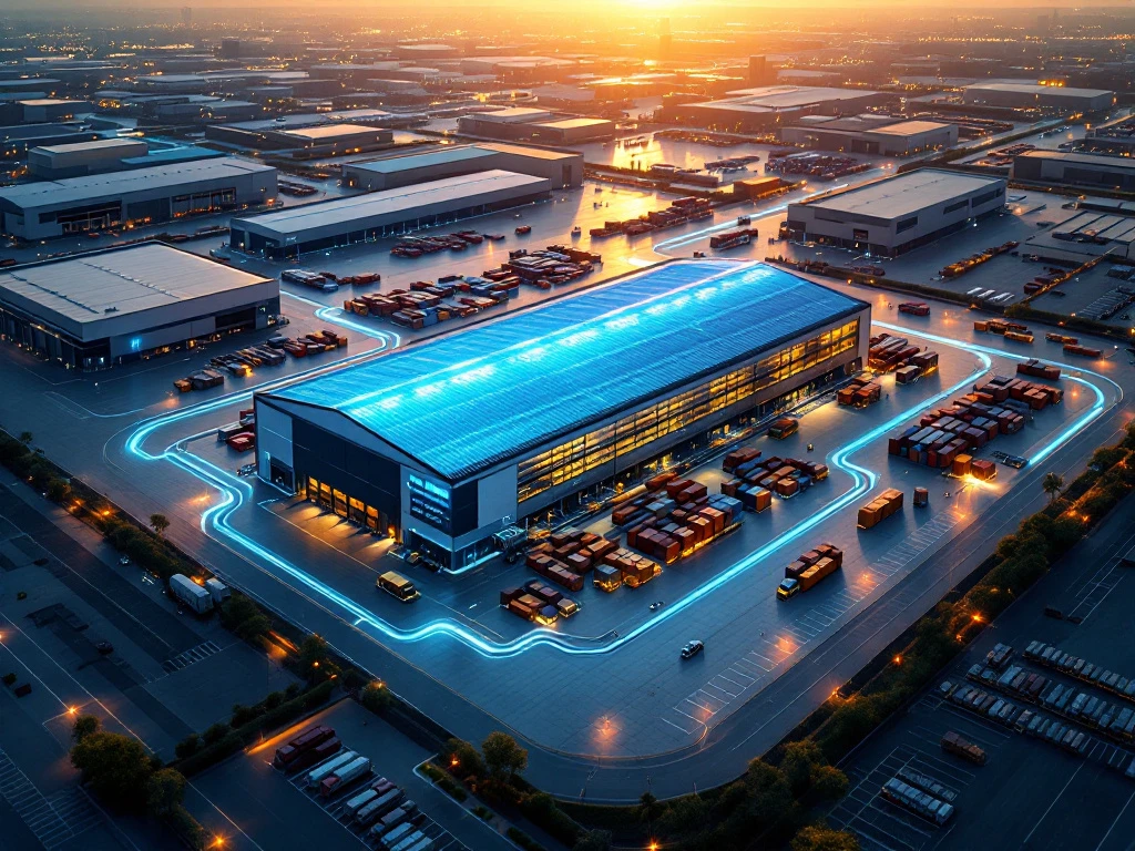 Luchtfoto van onderling verbonden magazijncomplex met blauwe digitale dataverbindingen en geautomatiseerde voertuigen