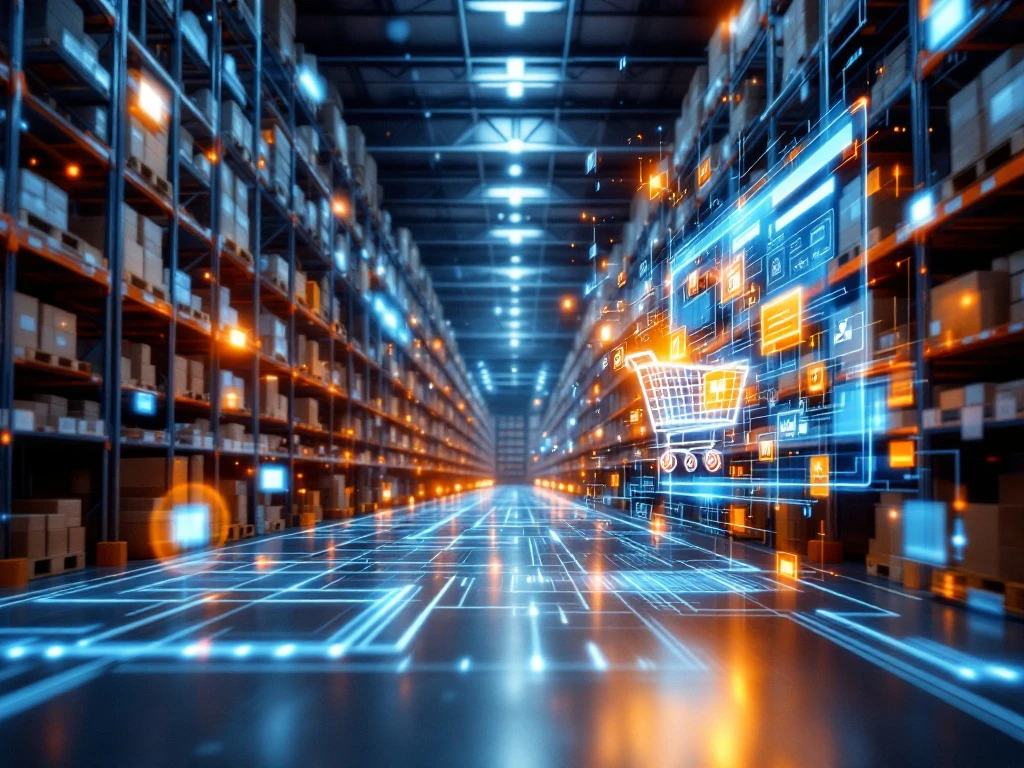 Geautomatiseerd magazijn met holografische datastromen die fysieke voorraadsystemen verbinden met e-commerce interface