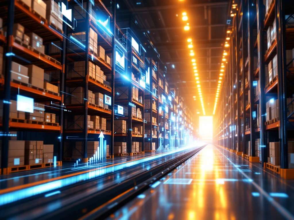 Moderne magazijnruimte met oplopende opslag rekken, geautomatiseerde transportsystemen en digitale grafieken die bedrijfsgroei tonen.