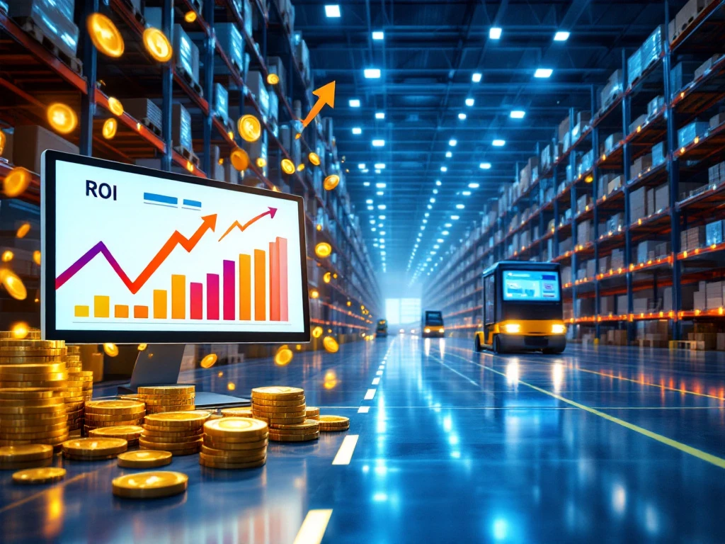 Moderne geautomatiseerde magazijninterior met ROI-grafieken op monitors, gouden munten en pijlen die winstgeving tonen