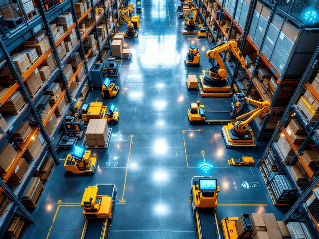 Moderne magazijnvloer met geautomatiseerde transportbanden, robotarmen, scanners en tablets voor voorraadbeheer