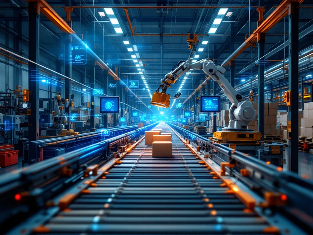 Moderne magazijnoperaties met geautomatiseerde transportbanden, robotarmen en digitale prestatiemetingen in beweging