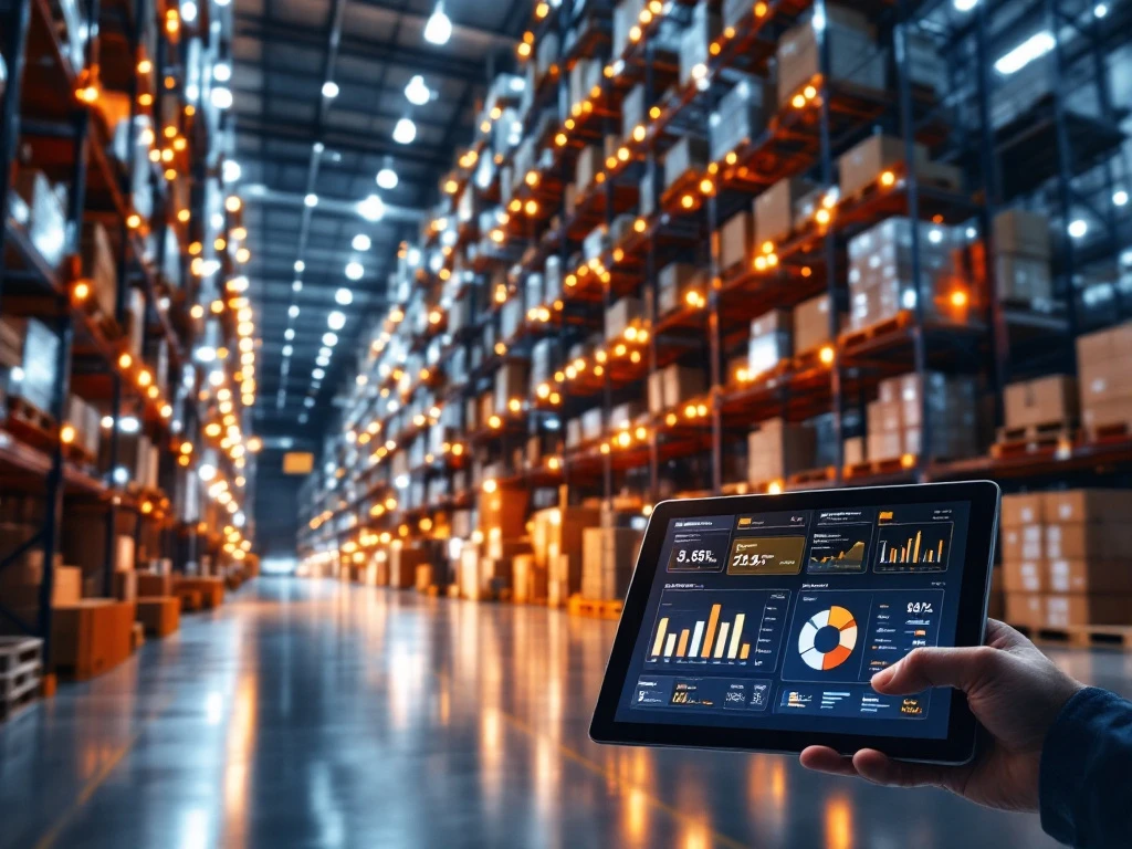 Moderne magazijn met hoge stalen rekken en tablet die warehouse management dashboard toont met grafieken en logistieke data
