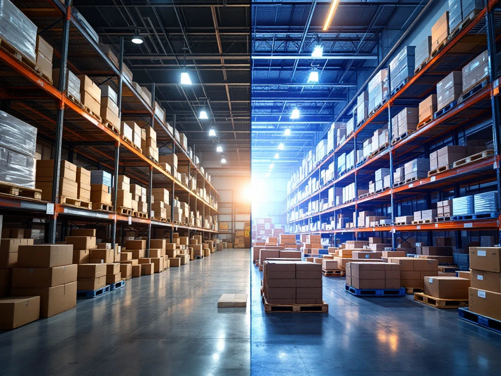 Gesplitst magazijn toont contrast tussen handmatige voorraadbeheering met klemborden en moderne WMS-technologie met scanners