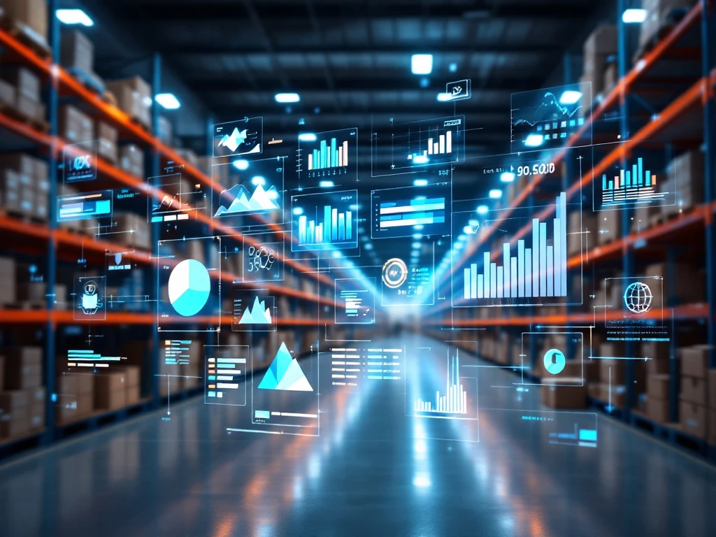 Magazijn met digitale analytics dashboards en holografische datagrafieken die voorraad- en efficiëntiemetrieken tonen