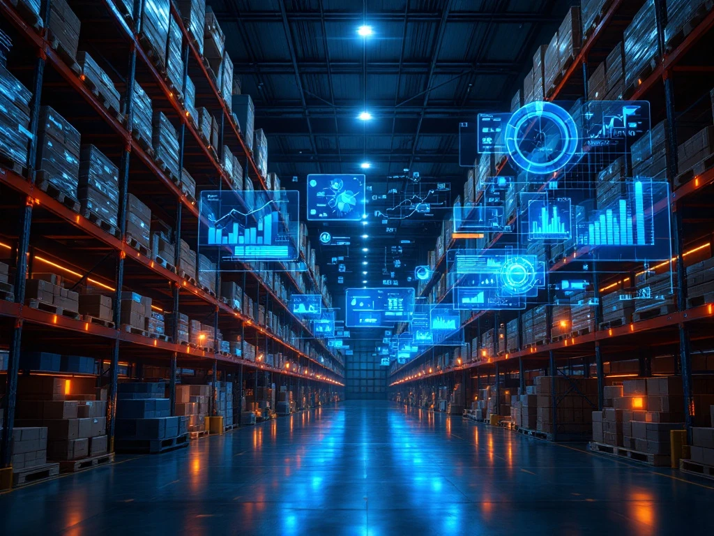 Moderne magazijn met holografische data-analyses en grafieken boven georganiseerde voorraadrekken met LED-verlichting